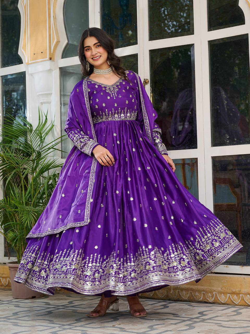 Wedding Wear Purple Color American Silk And Thread With Sequence Work Gown