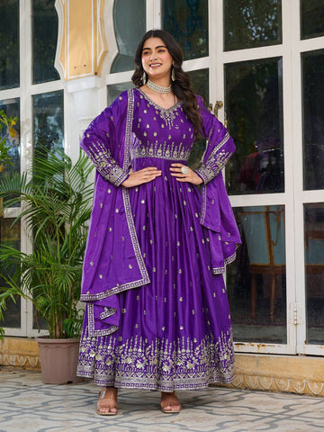 Wedding Wear Purple Color American Silk And Thread With Sequence Work Gown