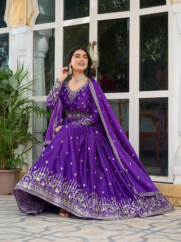 Wedding Wear Purple Color American Silk And Thread With Sequence Work Gown