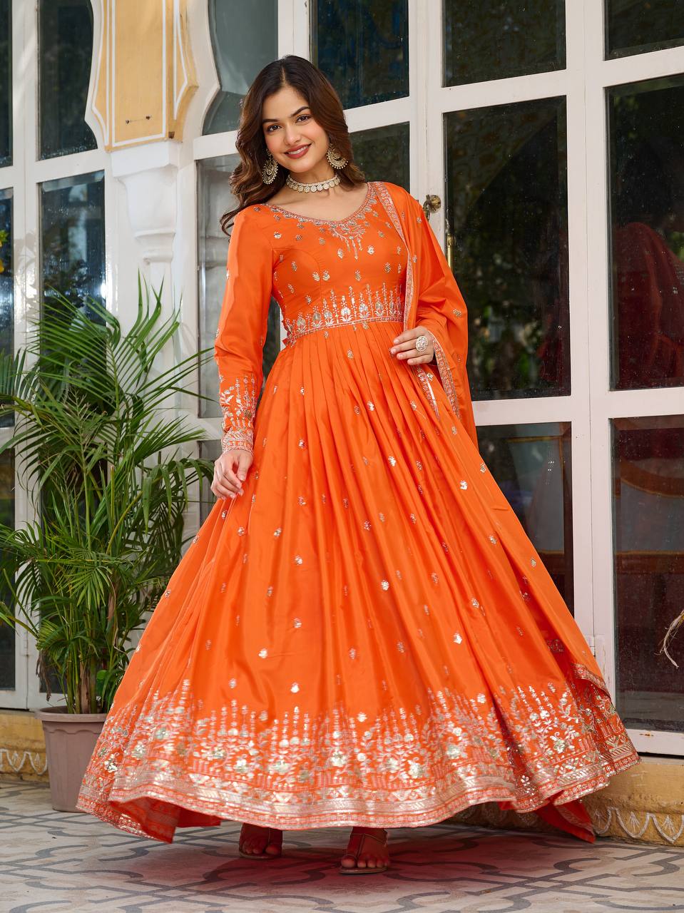 Ceremony Wear Orange Color American Silk And Thread With Sequence Work Gown