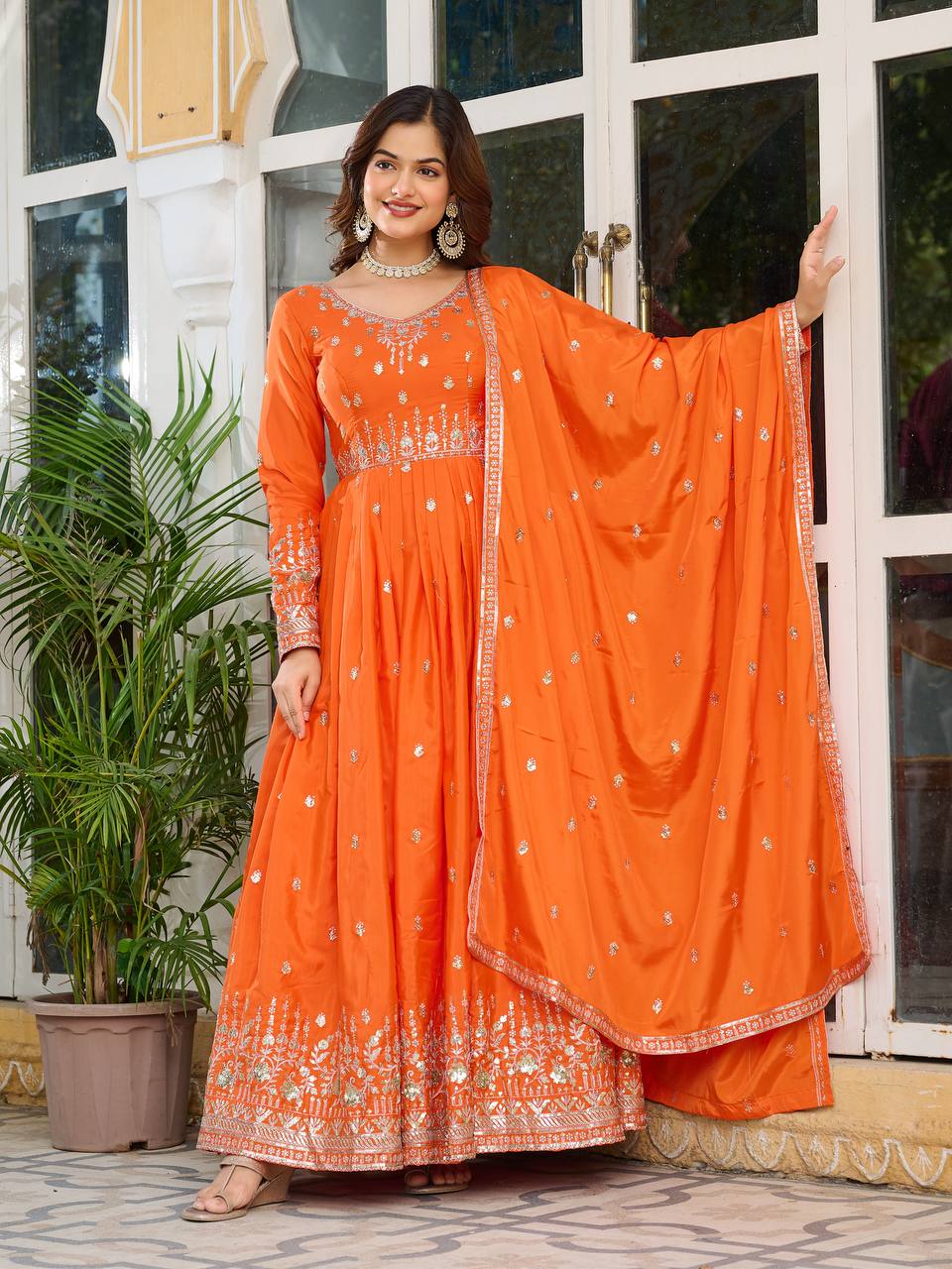 Ceremony Wear Orange Color American Silk And Thread With Sequence Work Gown