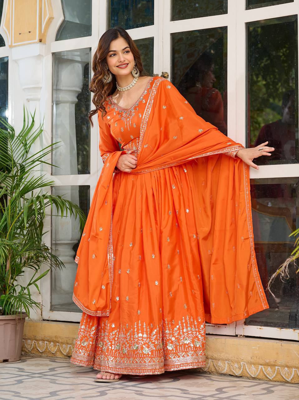 Ceremony Wear Orange Color American Silk And Thread With Sequence Work Gown