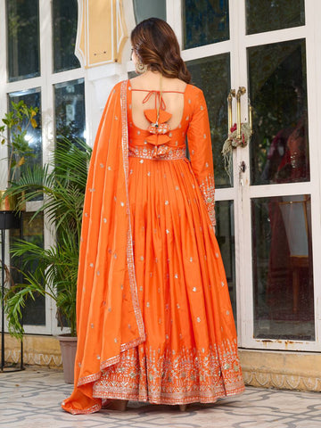 Ceremony Wear Orange Color American Silk And Thread With Sequence Work Gown