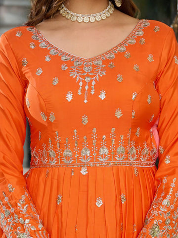 Ceremony Wear Orange Color American Silk And Thread With Sequence Work Gown