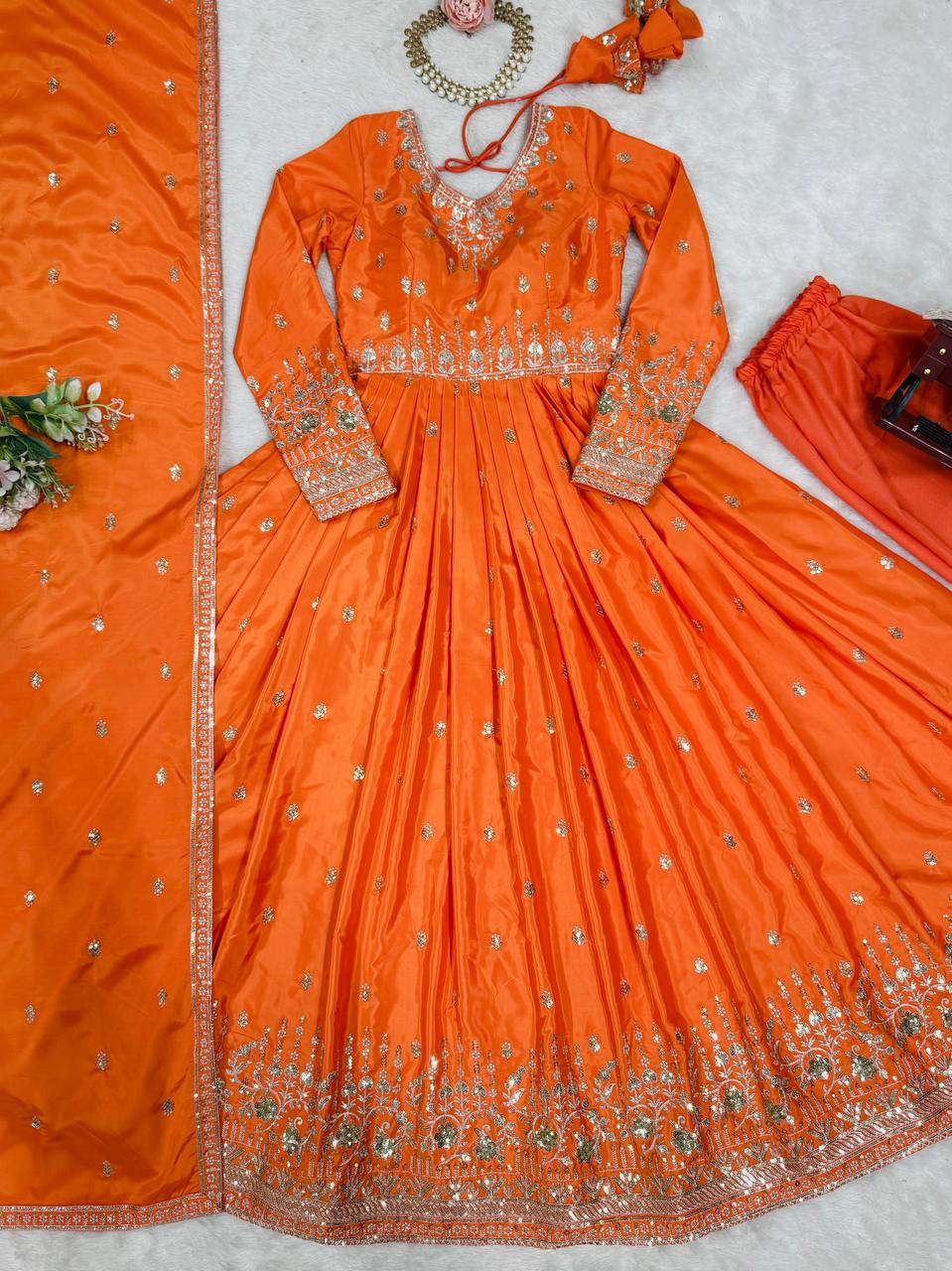 Ceremony Wear Orange Color American Silk And Thread With Sequence Work Gown
