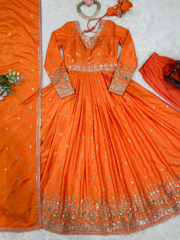Ceremony Wear Orange Color American Silk And Thread With Sequence Work Gown
