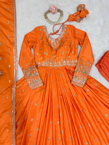 Ceremony Wear Orange Color American Silk And Thread With Sequence Work Gown