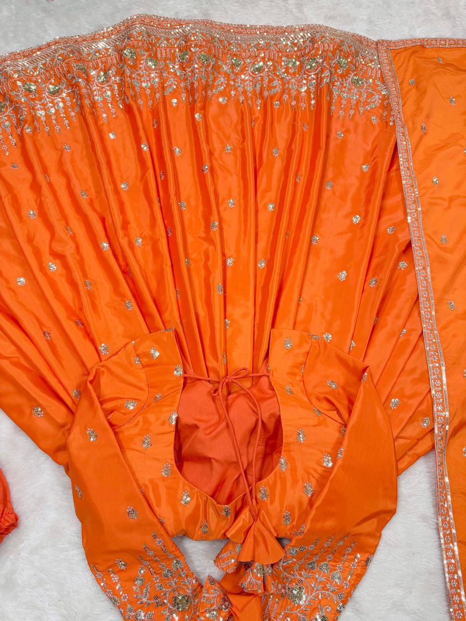Ceremony Wear Orange Color American Silk And Thread With Sequence Work Gown