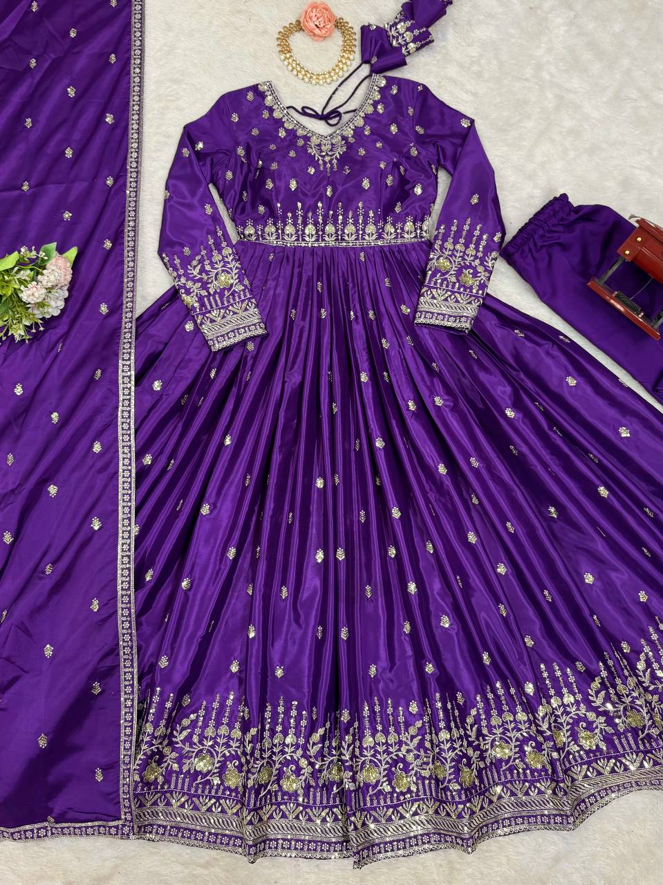 Wedding Wear Purple Color American Silk And Thread With Sequence Work Gown
