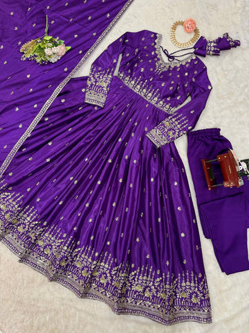 Wedding Wear Purple Color American Silk And Thread With Sequence Work Gown