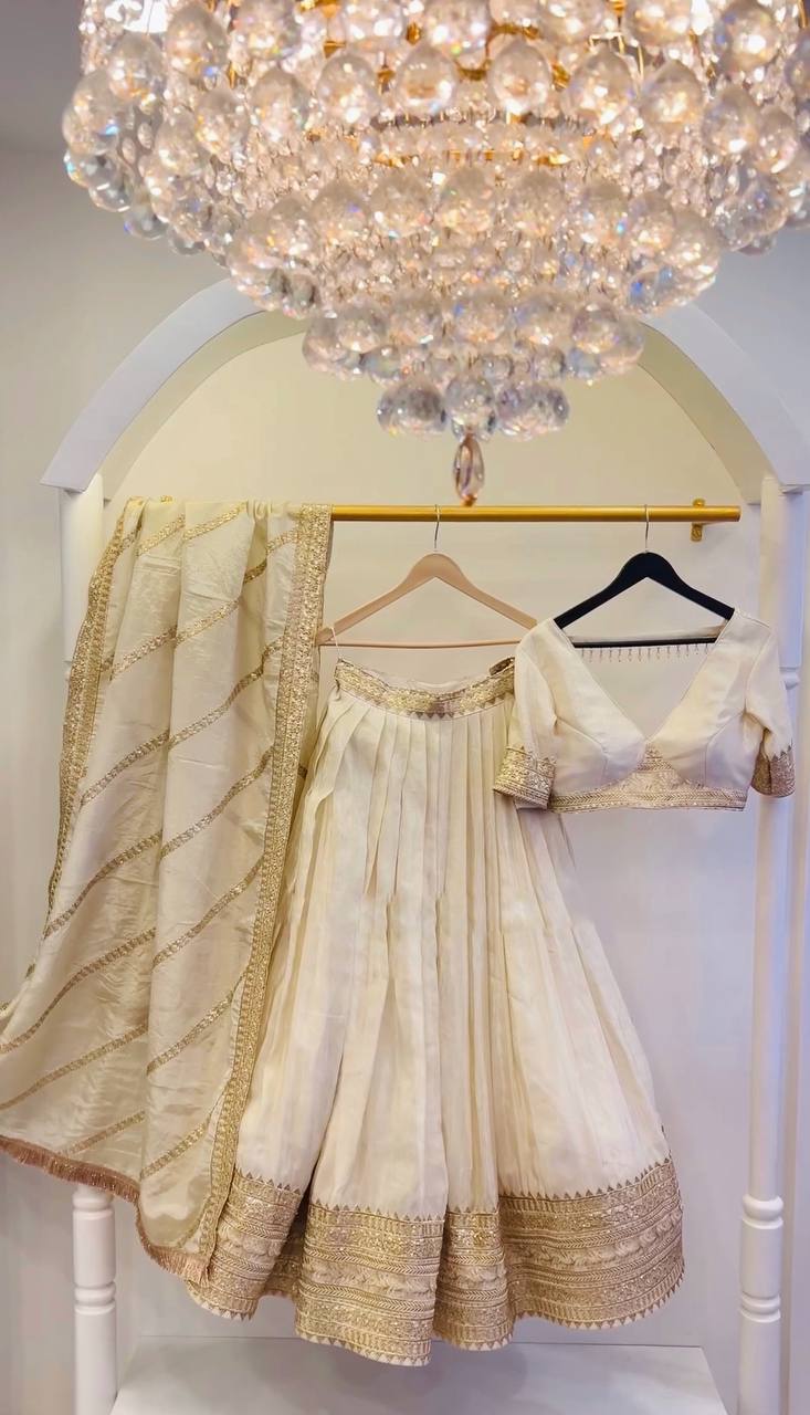 Party Wear Cream Color Heavy Chinon Silk With Heavy Embroidery Sequence Work Designer Lehenga Choli