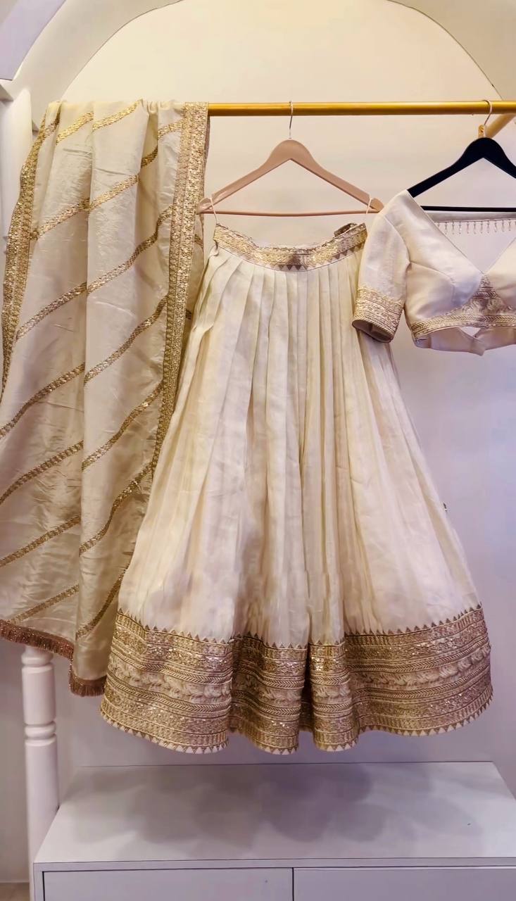 Party Wear Cream Color Heavy Chinon Silk With Heavy Embroidery Sequence Work Designer Lehenga Choli