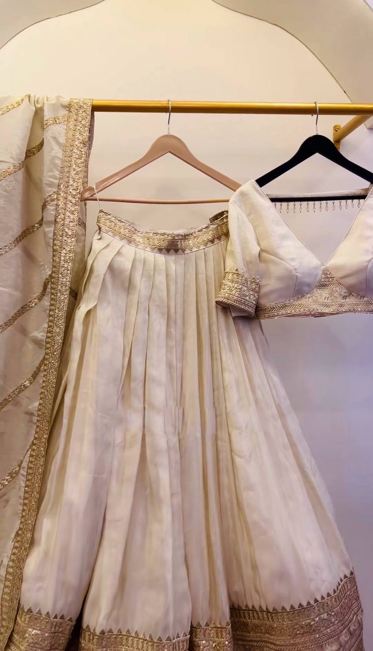 Party Wear Cream Color Heavy Chinon Silk With Heavy Embroidery Sequence Work Designer Lehenga Choli