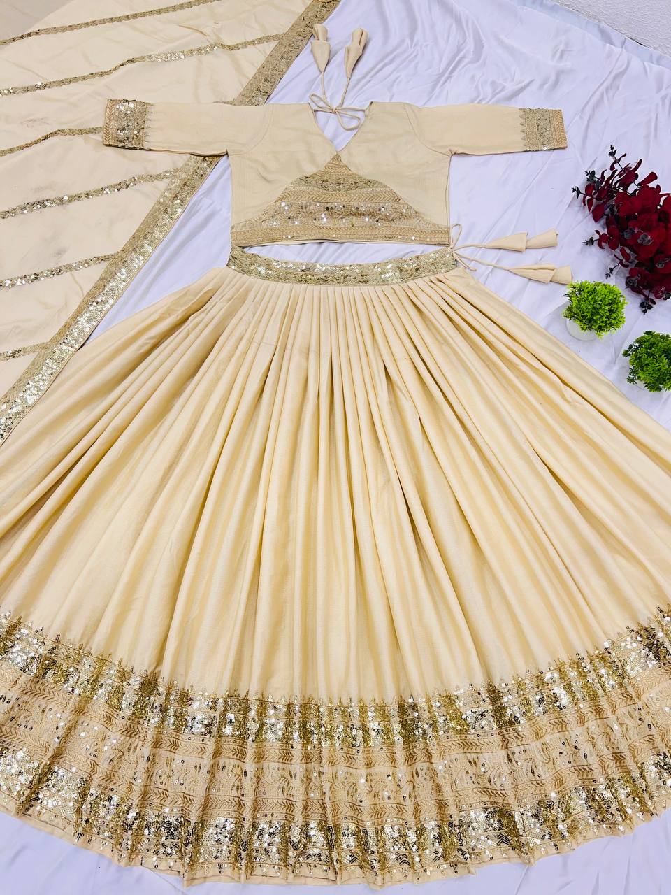 Party Wear Cream Color Heavy Chinon Silk With Heavy Embroidery Sequence Work Designer Lehenga Choli