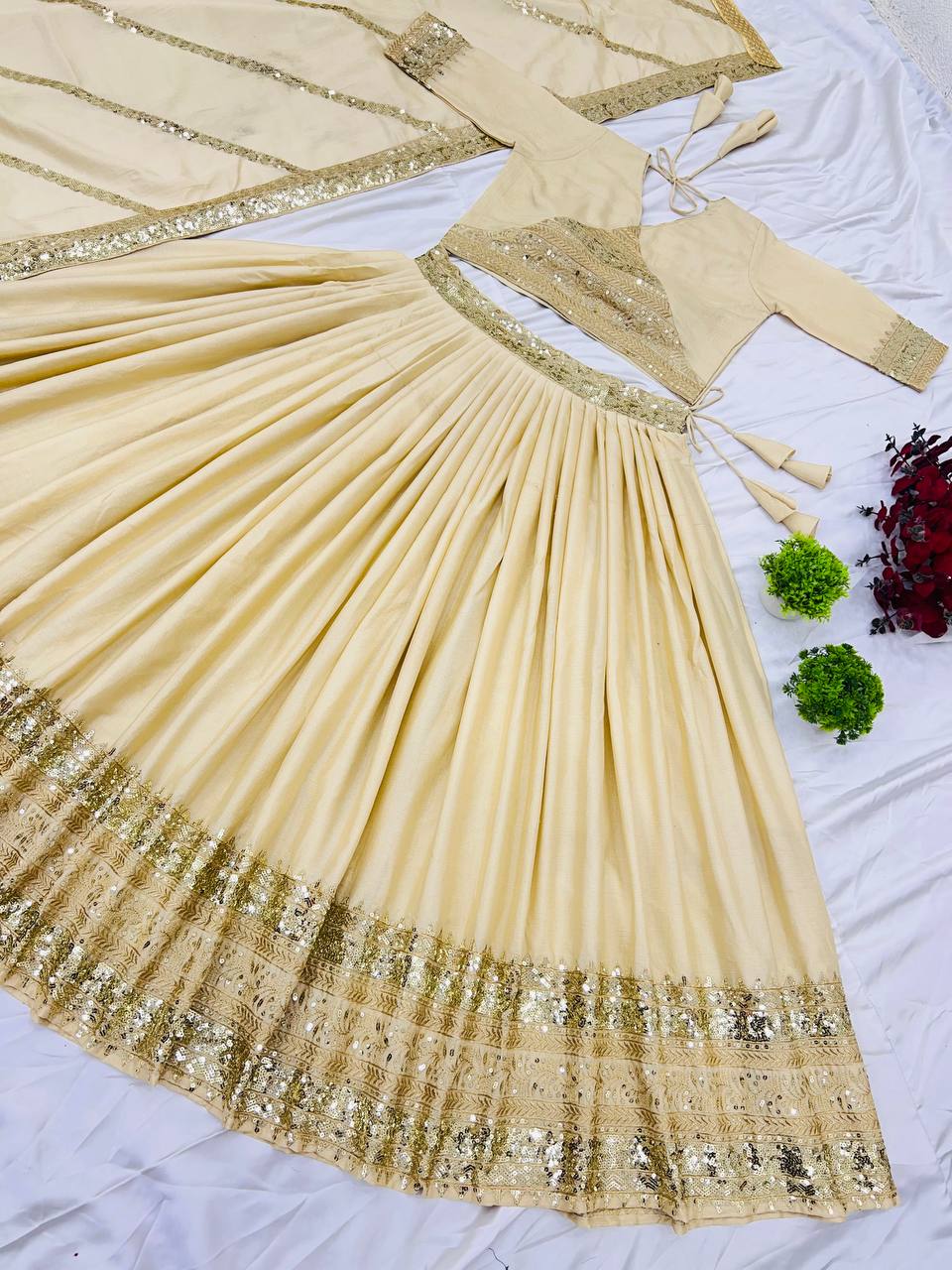 Party Wear Cream Color Heavy Chinon Silk With Heavy Embroidery Sequence Work Designer Lehenga Choli
