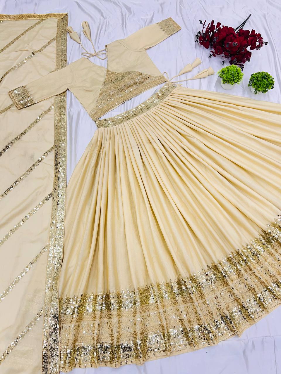 Party Wear Cream Color Heavy Chinon Silk With Heavy Embroidery Sequence Work Designer Lehenga Choli
