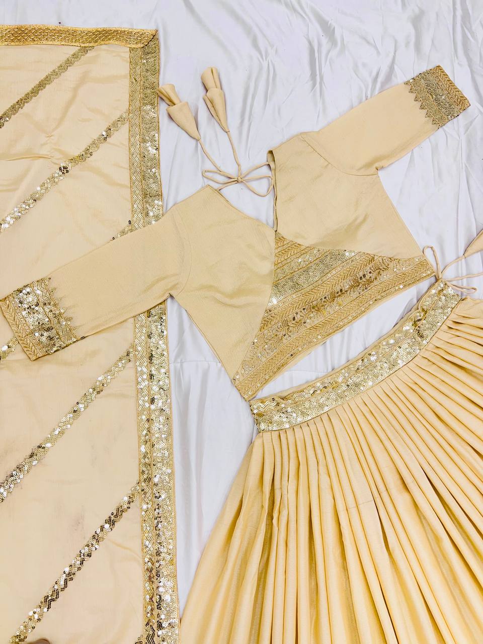 Party Wear Cream Color Heavy Chinon Silk With Heavy Embroidery Sequence Work Designer Lehenga Choli