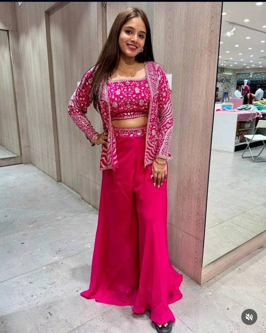 Wedding Wear Pink Color Chinon Silk Embroidery Sequins Thread Work Koti With Palazzo Suit