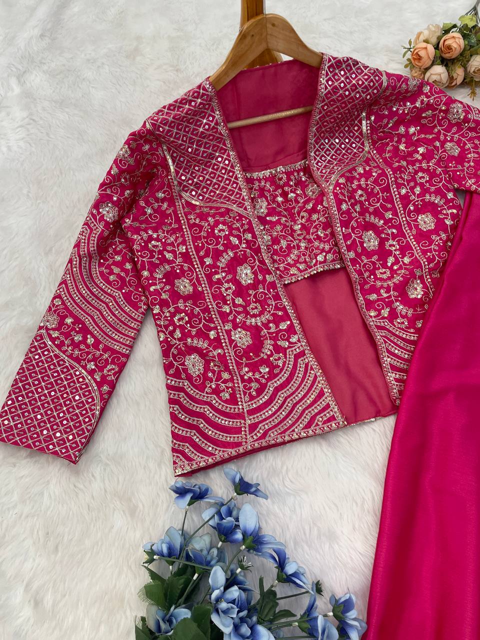Wedding Wear Pink Color Chinon Silk Embroidery Sequins Thread Work Koti With Palazzo Suit