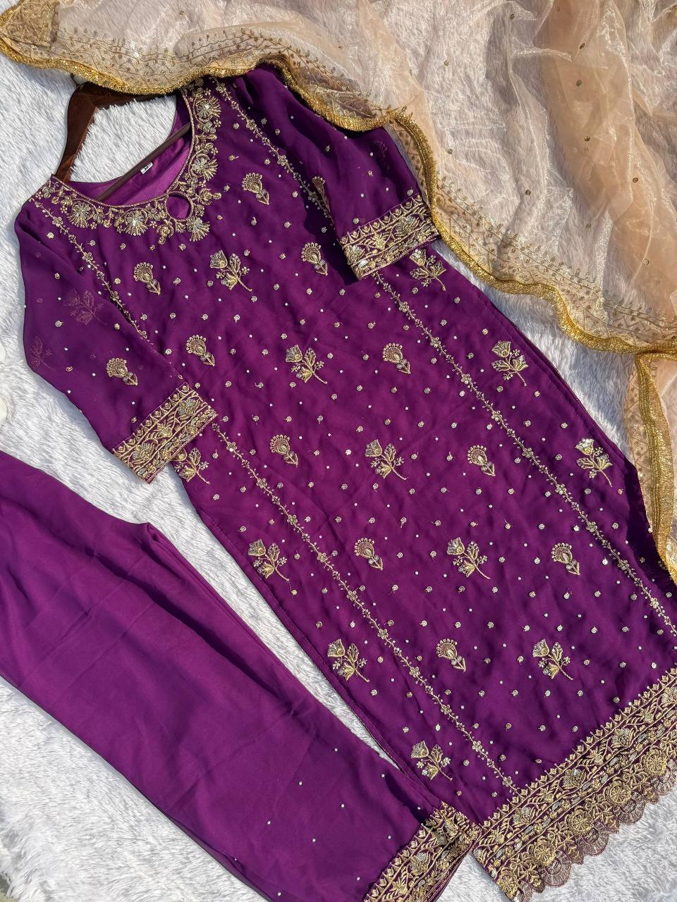 Attractive Purple Color Faux Georgette With Sequence Embroidery Work Salwar Suit