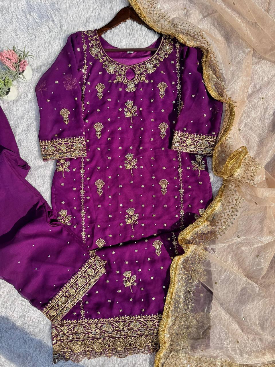 Attractive Purple Color Faux Georgette With Sequence Embroidery Work Salwar Suit