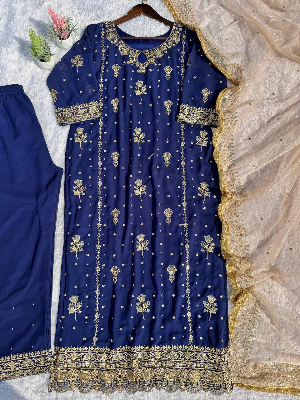 Attractive Blue Color Faux Georgette With Sequence Embroidery Work Salwar Suit