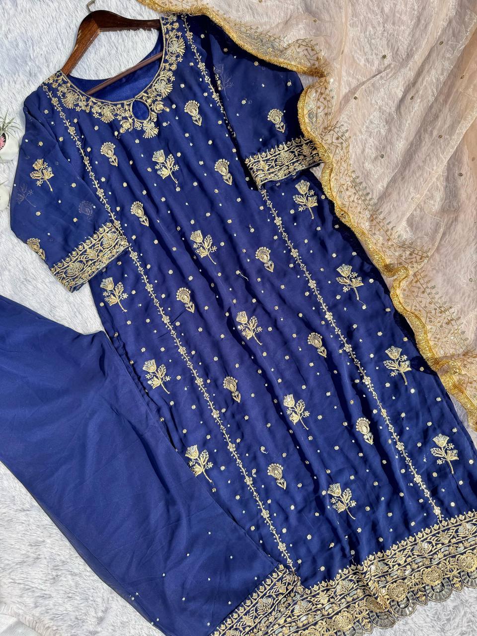 Attractive Blue Color Faux Georgette With Sequence Embroidery Work Salwar Suit