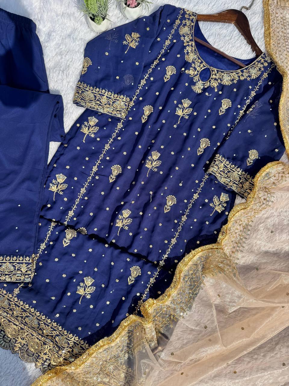 Attractive Blue Color Faux Georgette With Sequence Embroidery Work Salwar Suit