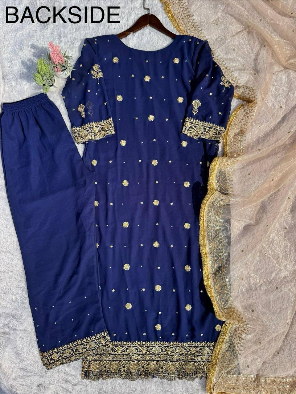 Attractive Blue Color Faux Georgette With Sequence Embroidery Work Salwar Suit