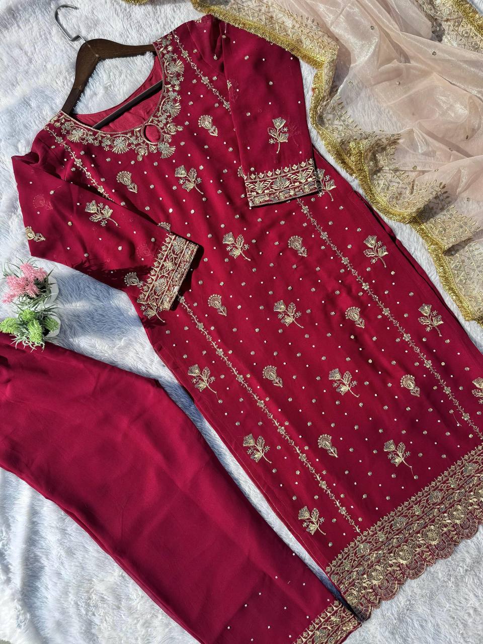 Attractive Maroon Color Faux Georgette With Sequence Embroidery Work Salwar Suit