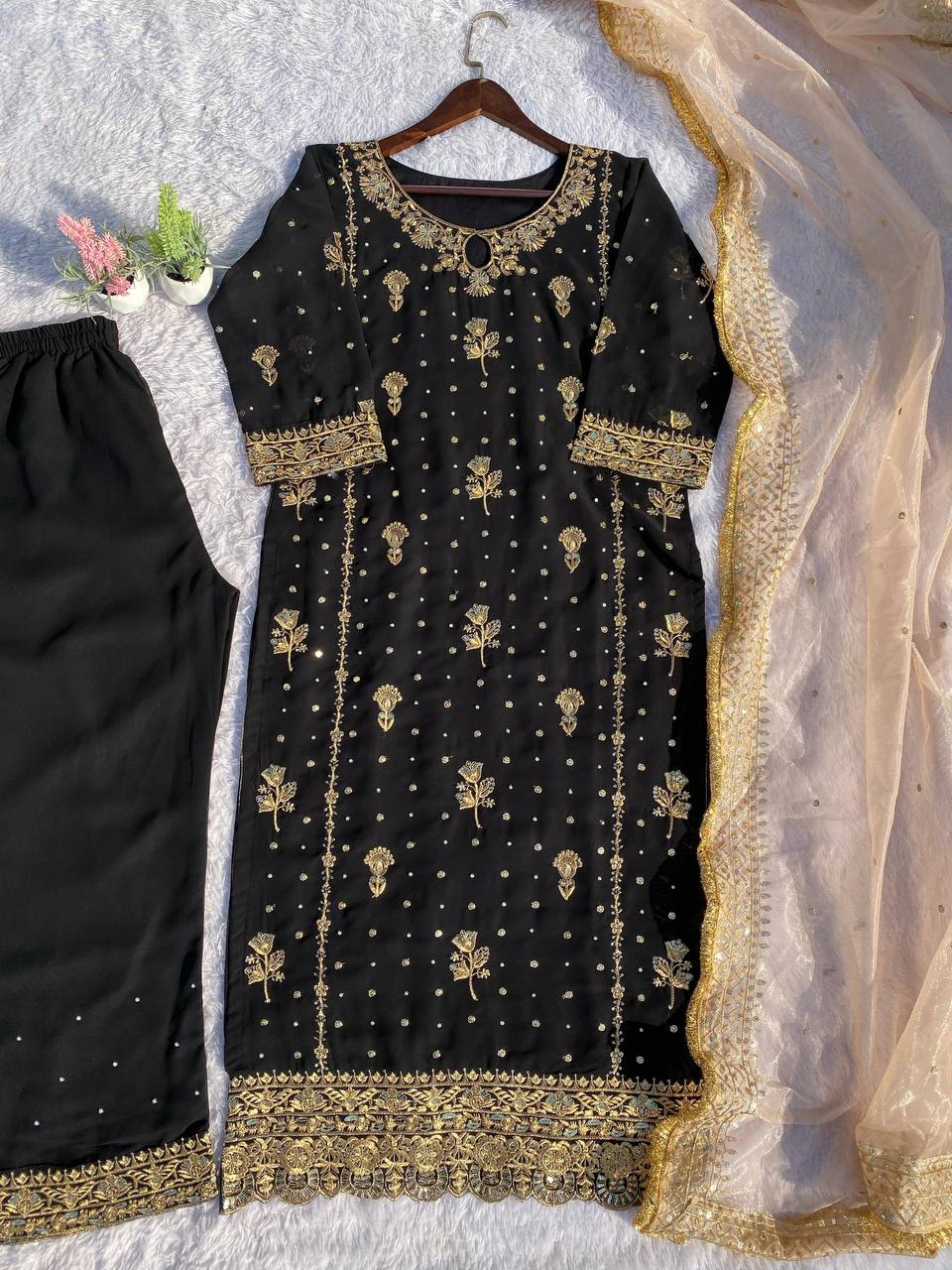 Attractive Black Color Faux Georgette With Sequence Embroidery Work Salwar Suit