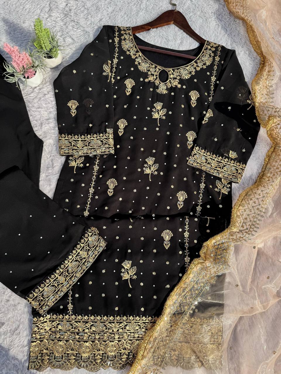 Attractive Black Color Faux Georgette With Sequence Embroidery Work Salwar Suit