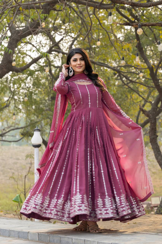 Gorgeous Lavender Color Faux Georgette With Sequence Embroidery Work Beautiful Gown