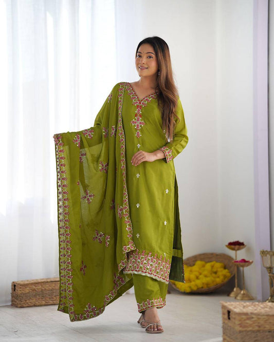 Reception Wear Green Color Pure Chinon Silk With 5mm Embroidery Sequence Work Salwar Suit