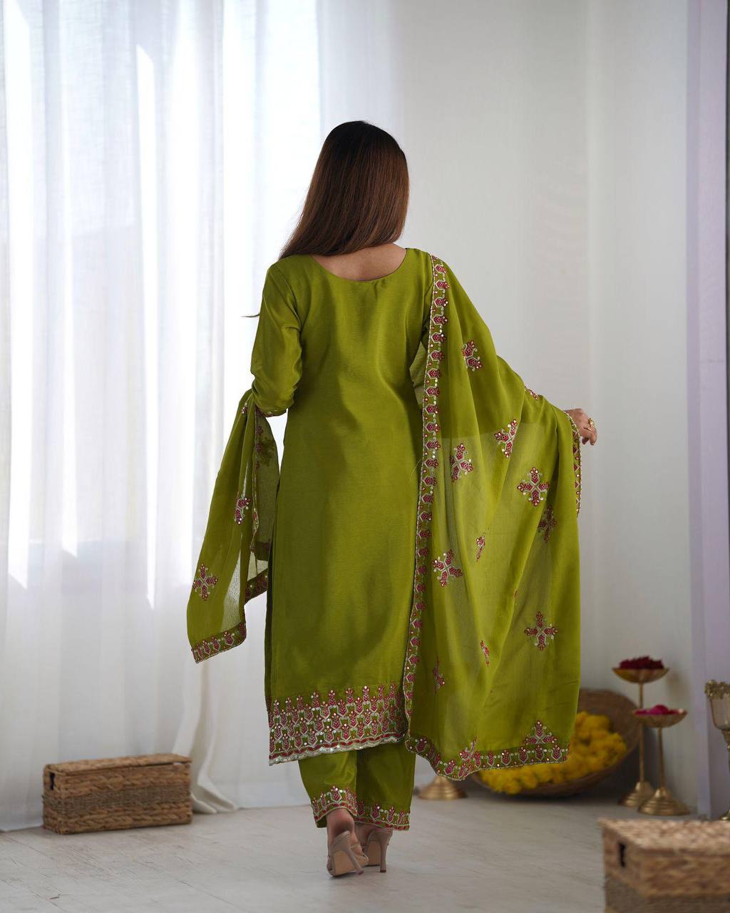 Reception Wear Green Color Pure Chinon Silk With 5mm Embroidery Sequence Work Salwar Suit