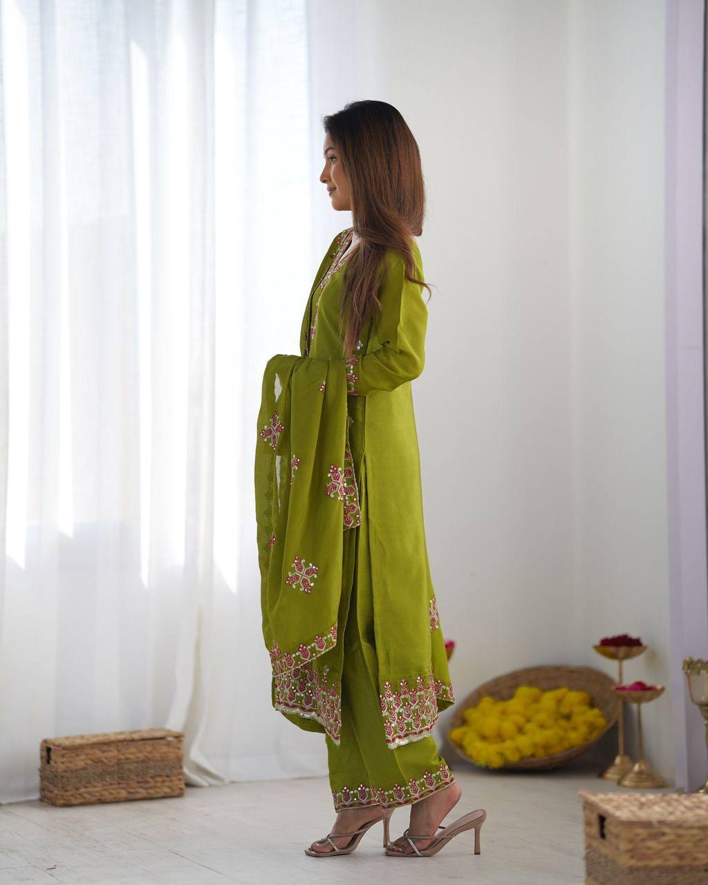 Reception Wear Green Color Pure Chinon Silk With 5mm Embroidery Sequence Work Salwar Suit