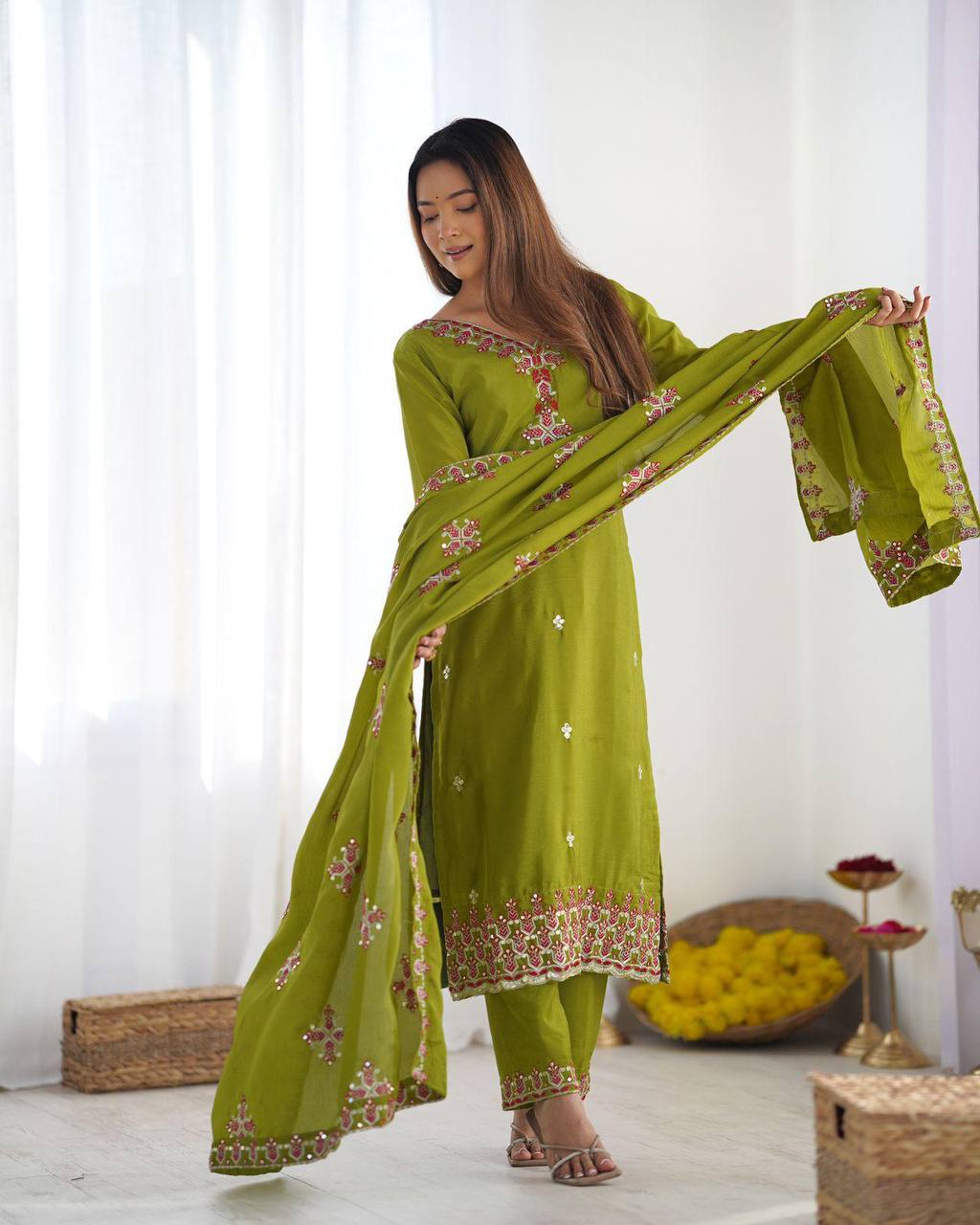 Reception Wear Green Color Pure Chinon Silk With 5mm Embroidery Sequence Work Salwar Suit