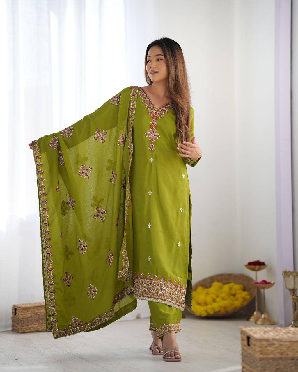 Reception Wear Green Color Pure Chinon Silk With 5mm Embroidery Sequence Work Salwar Suit