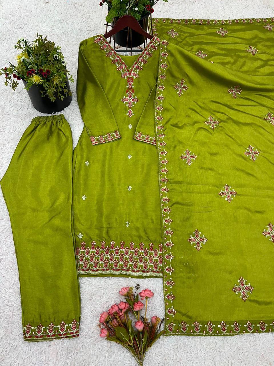 Reception Wear Green Color Pure Chinon Silk With 5mm Embroidery Sequence Work Salwar Suit