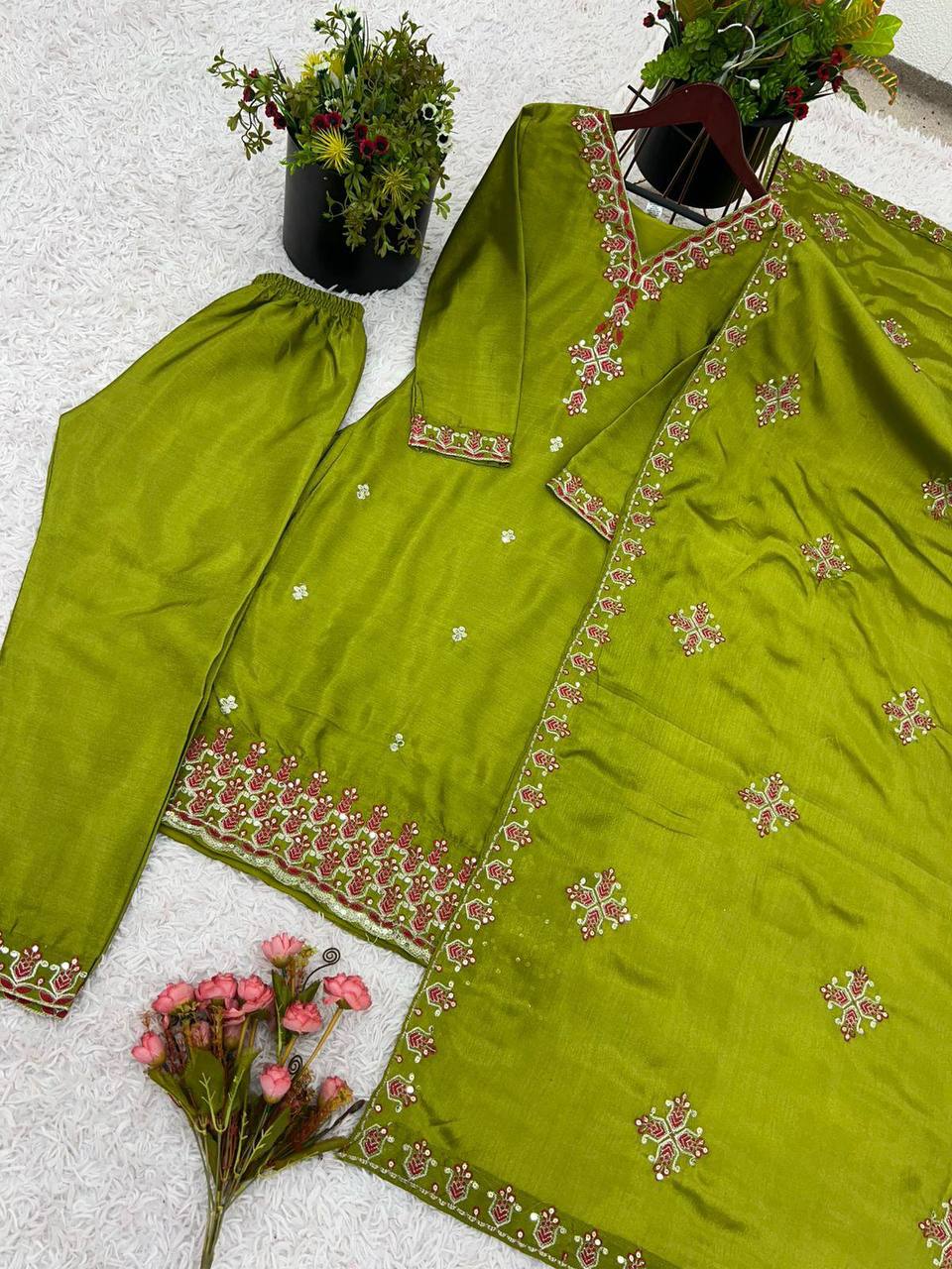 Reception Wear Green Color Pure Chinon Silk With 5mm Embroidery Sequence Work Salwar Suit