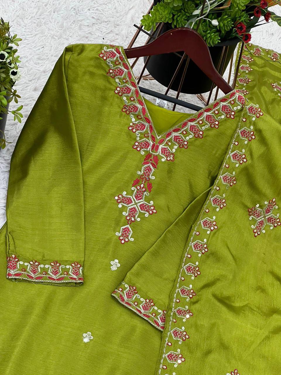 Reception Wear Green Color Pure Chinon Silk With 5mm Embroidery Sequence Work Salwar Suit