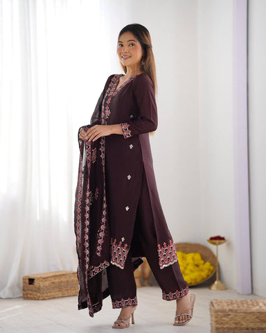Reception Wear Wine Color Pure Chinon Silk With 5mm Embroidery Sequence Work Salwar Suit
