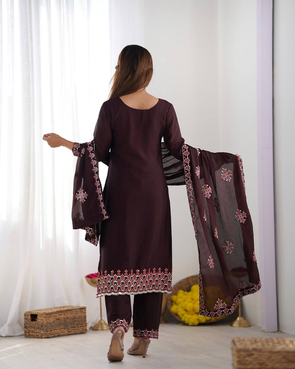 Reception Wear Wine Color Pure Chinon Silk With 5mm Embroidery Sequence Work Salwar Suit