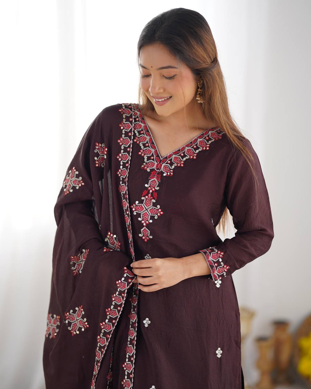 Reception Wear Wine Color Pure Chinon Silk With 5mm Embroidery Sequence Work Salwar Suit