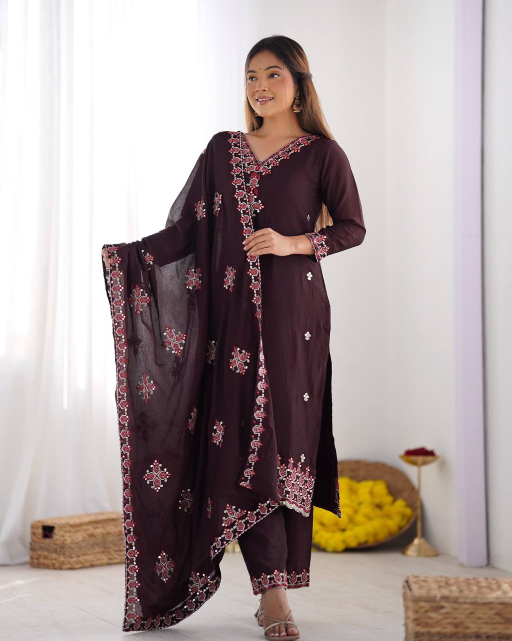 Reception Wear Wine Color Pure Chinon Silk With 5mm Embroidery Sequence Work Salwar Suit