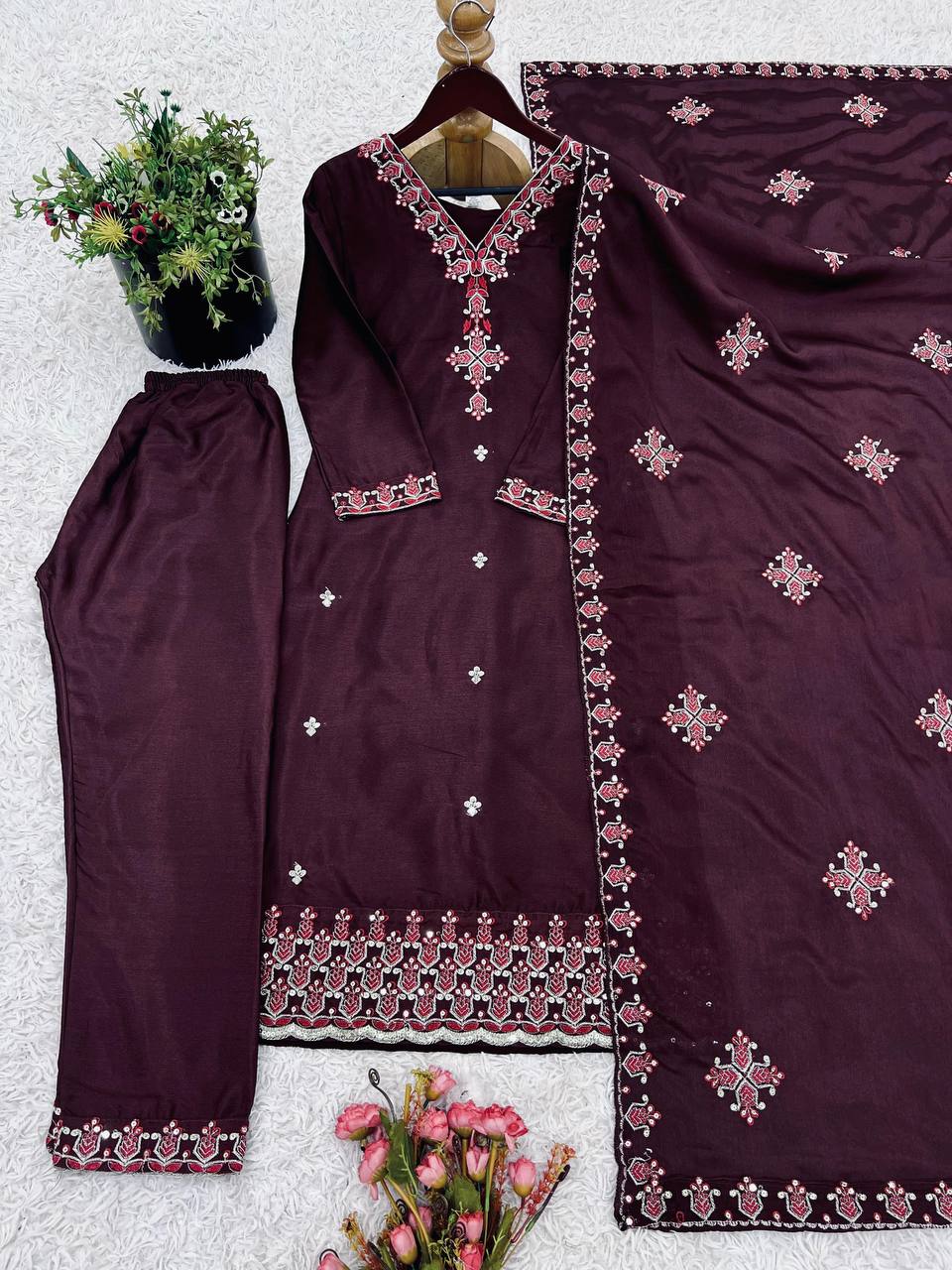 Reception Wear Wine Color Pure Chinon Silk With 5mm Embroidery Sequence Work Salwar Suit
