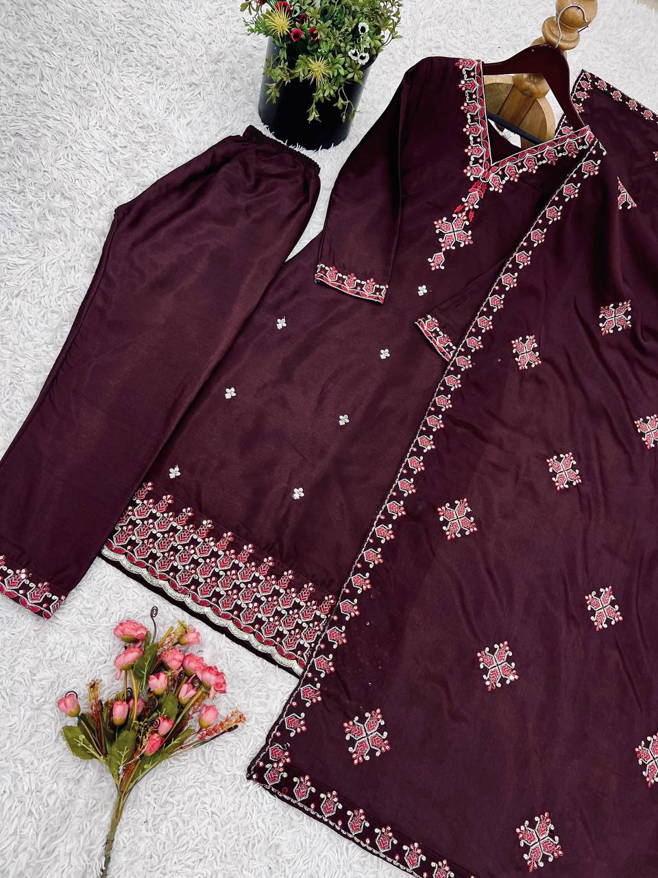 Reception Wear Wine Color Pure Chinon Silk With 5mm Embroidery Sequence Work Salwar Suit