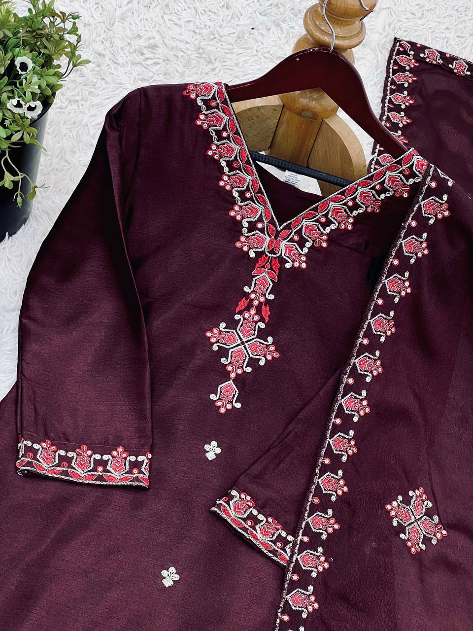 Reception Wear Wine Color Pure Chinon Silk With 5mm Embroidery Sequence Work Salwar Suit