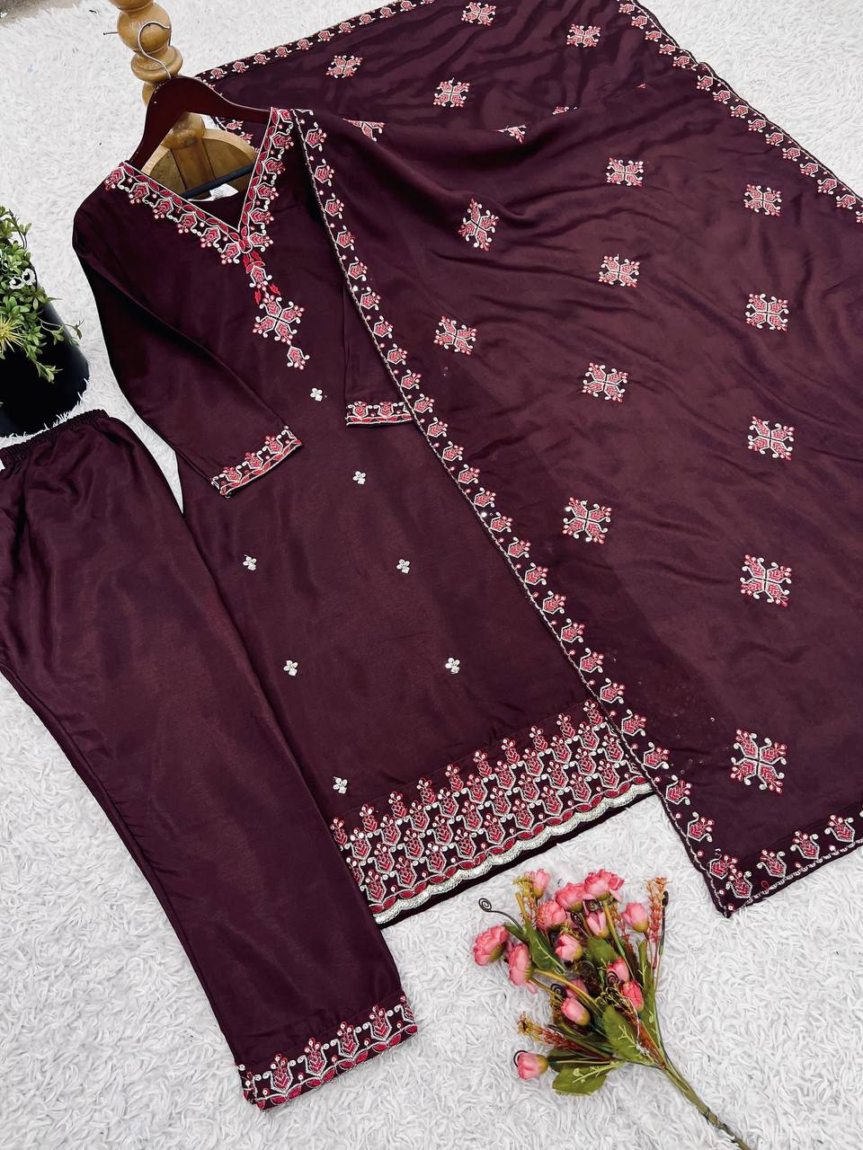 Reception Wear Wine Color Pure Chinon Silk With 5mm Embroidery Sequence Work Salwar Suit