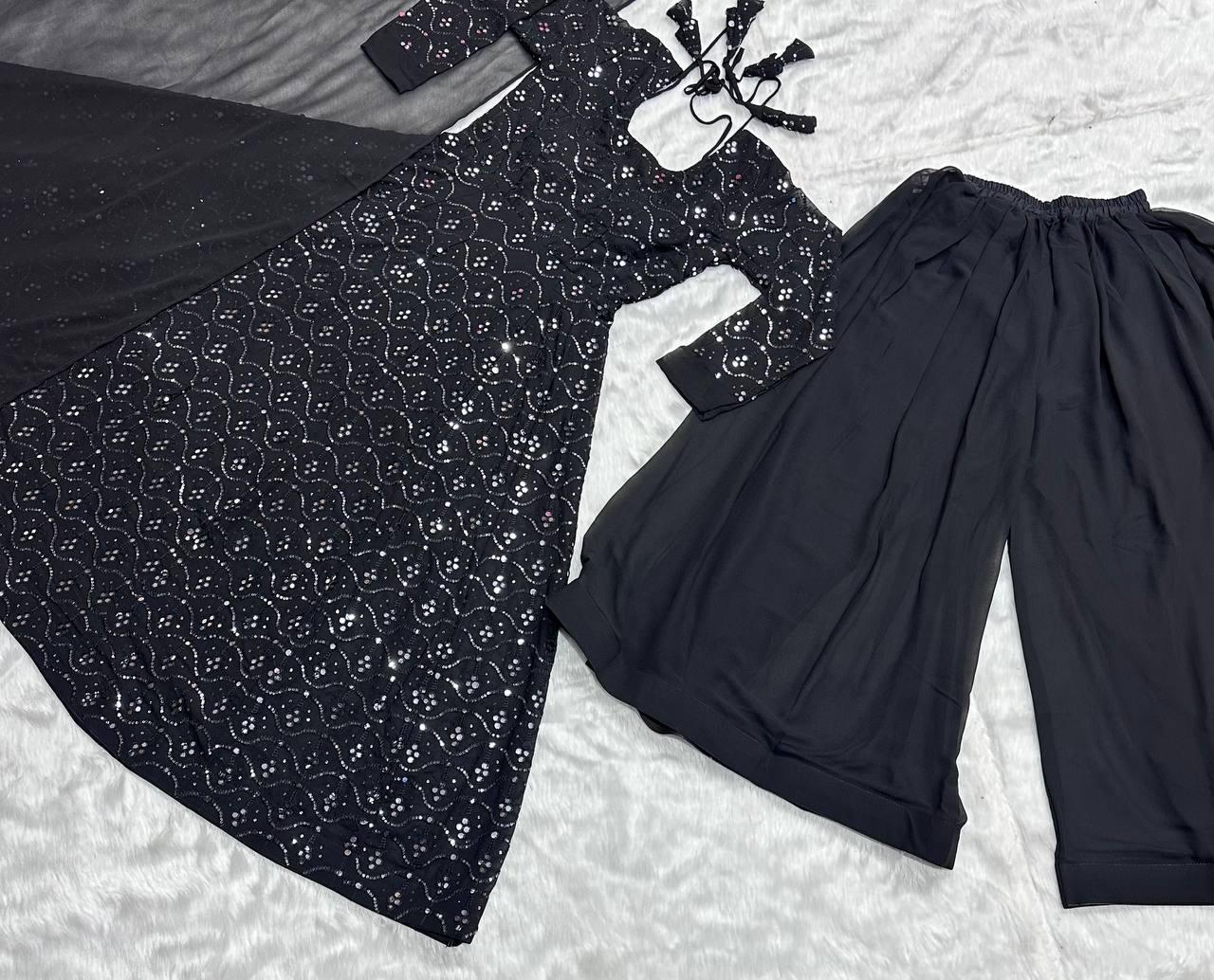 Alluring Black Color Faux Blooming With Heavy Sequins And Thread Embroidered Work Palazzo Suit